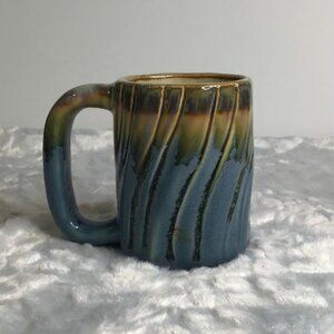 Stoneware Pottery Coffee Mug Drip Blue/Teal w/ Vertical Carved Fluting 12 fl oz.